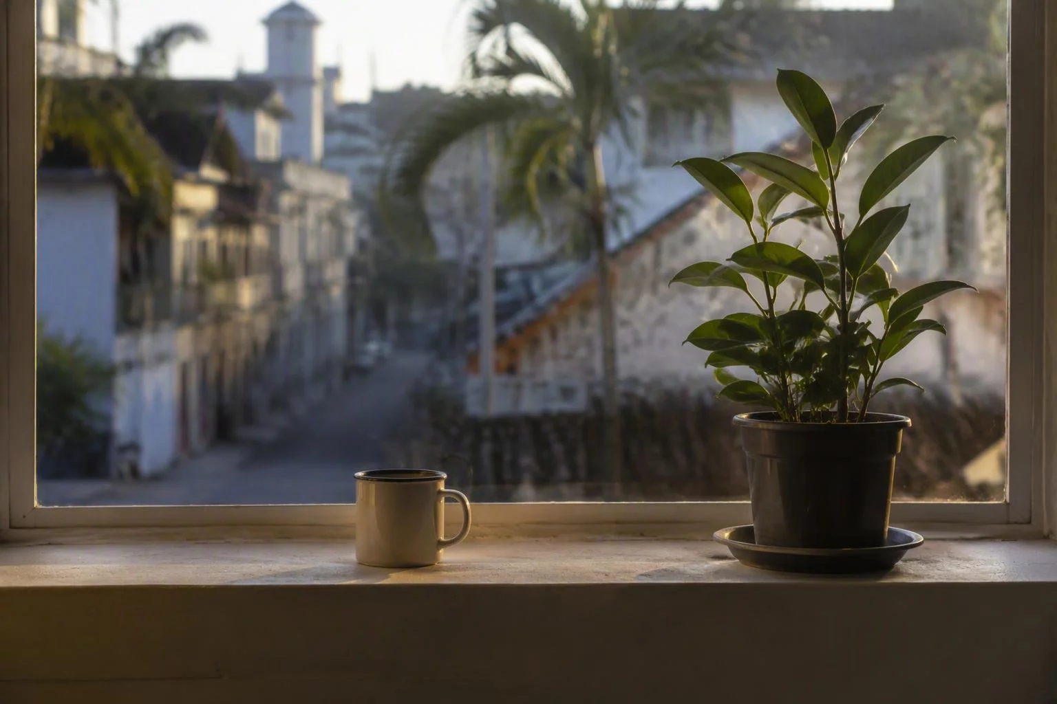 Janela do escritório com vista para a rua no fim da tarde