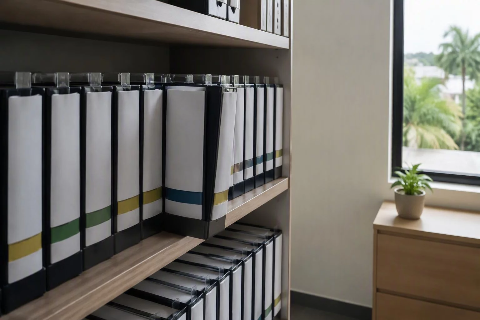 Prateleira com fichários de procedimentos de atendimento